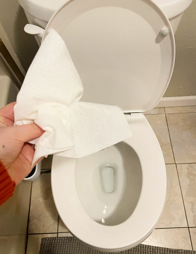 Hand holding paper towel over a toilet bowl. 