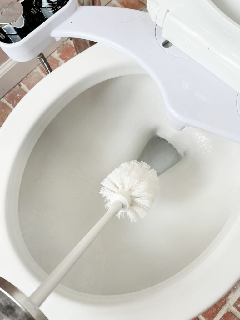 Scrubbing the inside of a toilet bowl with a brush. 