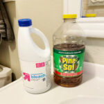 Bleach and Pine Sol bottles on a bathroom counter.