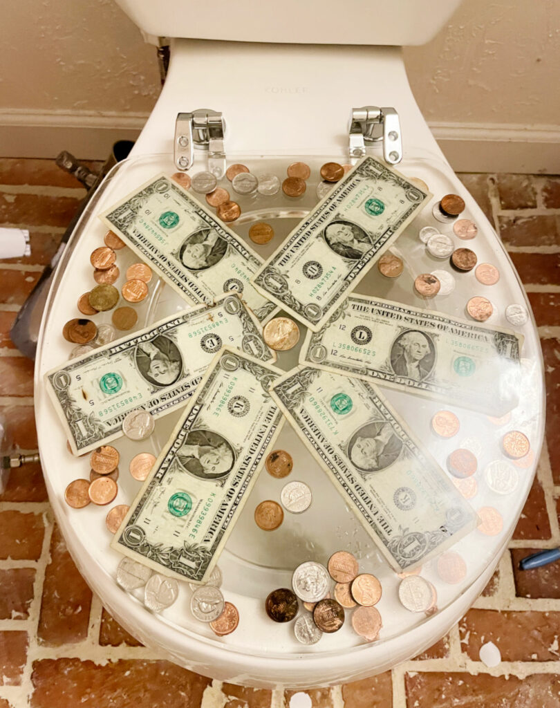 Epoxy toilet seat with money in the resin.