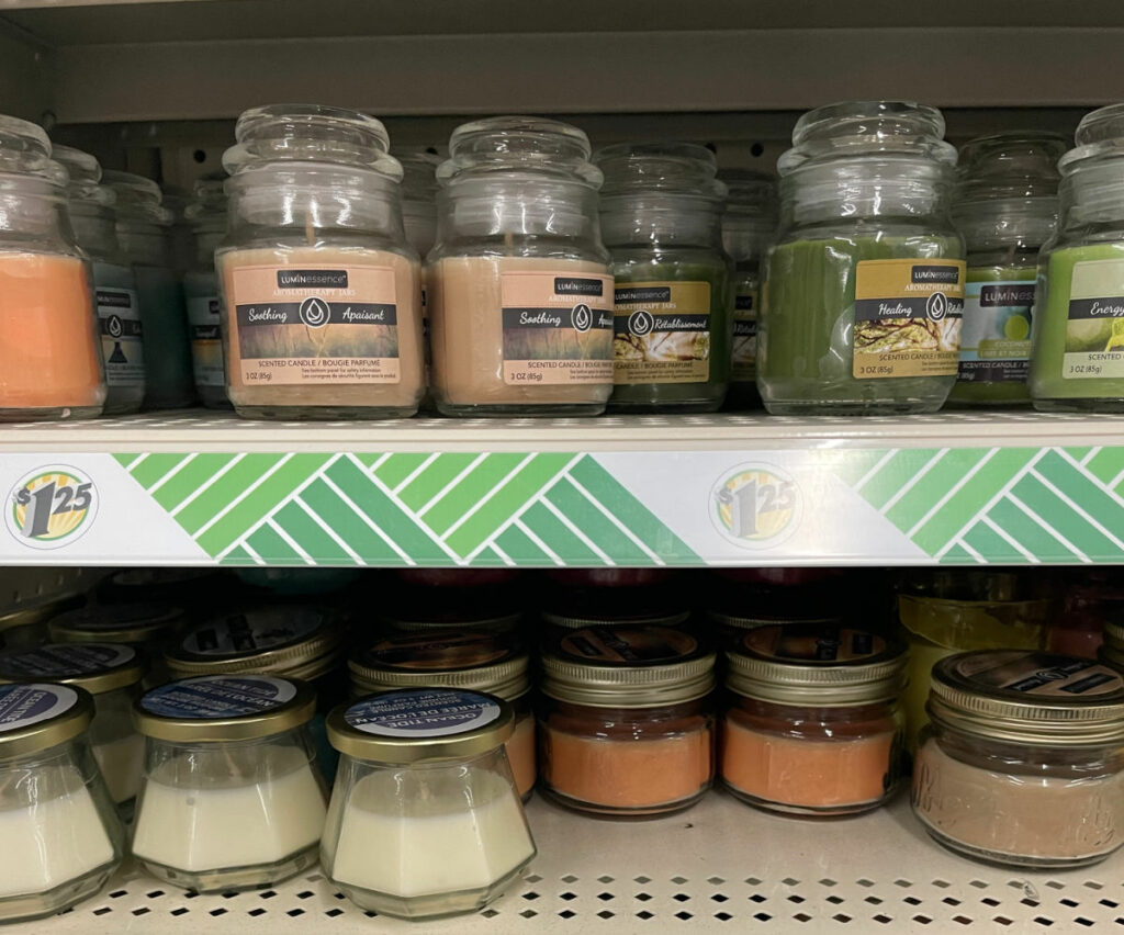 Candles on the shelf at dollar tree. 