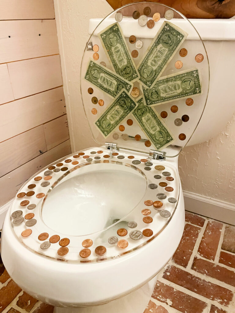 DIY epoxy toilet seat with money in the resin.